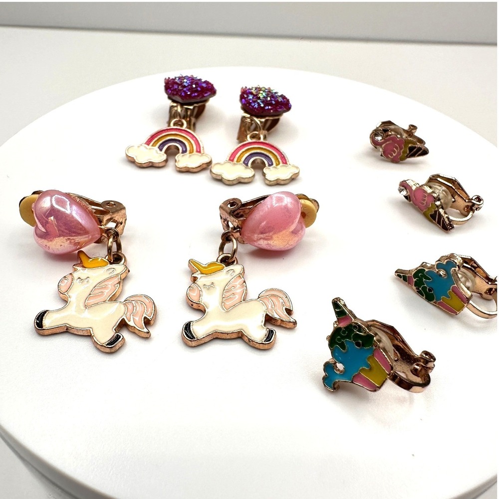 Vintage 90s Jewelry Lot 4 Pair Clip On Earrings Unicorn Rainbow Ice Cream Pink